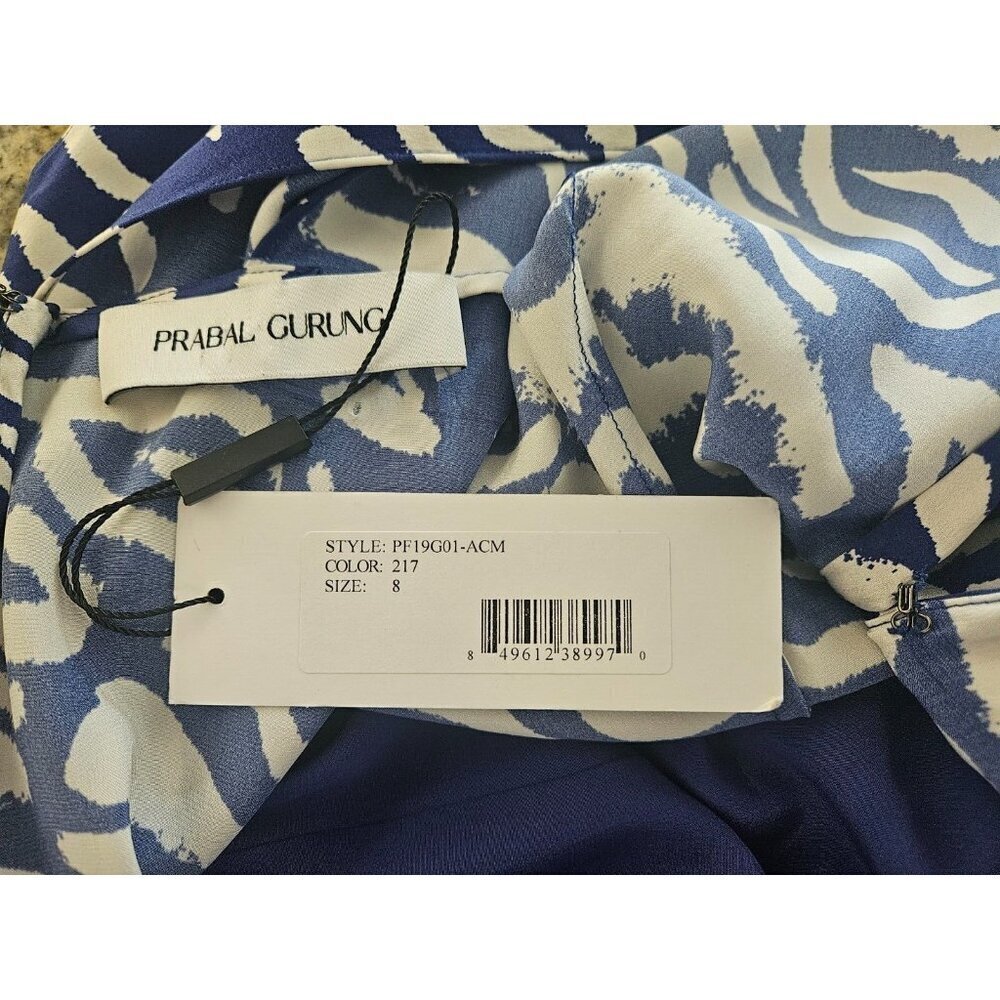 PRABAL GARUNG Blue and White Printed Silk Long Dress Ruched Bodice Size 8 - Picture 7 of 11